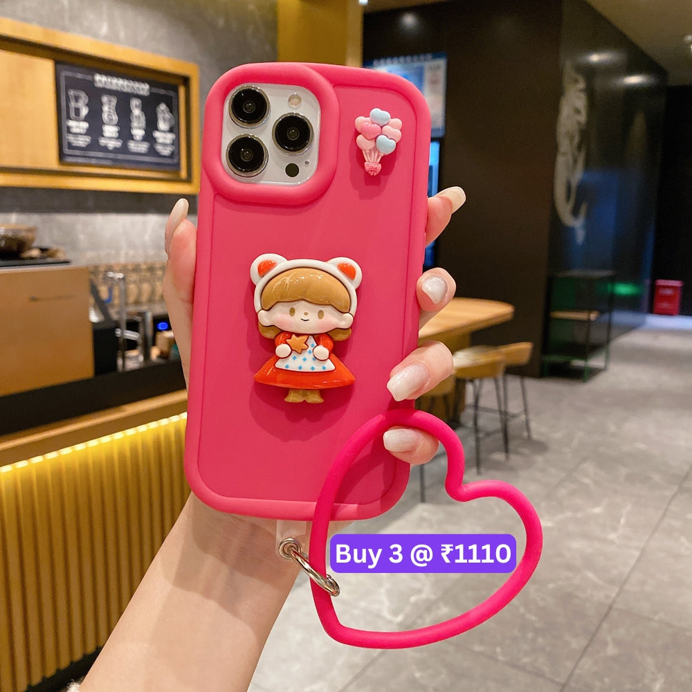 Cute Girl Cartoon 3D Princess Colored TPU (Soft) Phone Case with Heart Shape Bracelet - iPhone 14 Pro Max