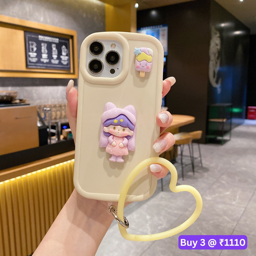 Cute Girl Cartoon 3D Princess Colored TPU (Soft) Phone Case with Heart Shape Bracelet - iPhone 14 Pro Max