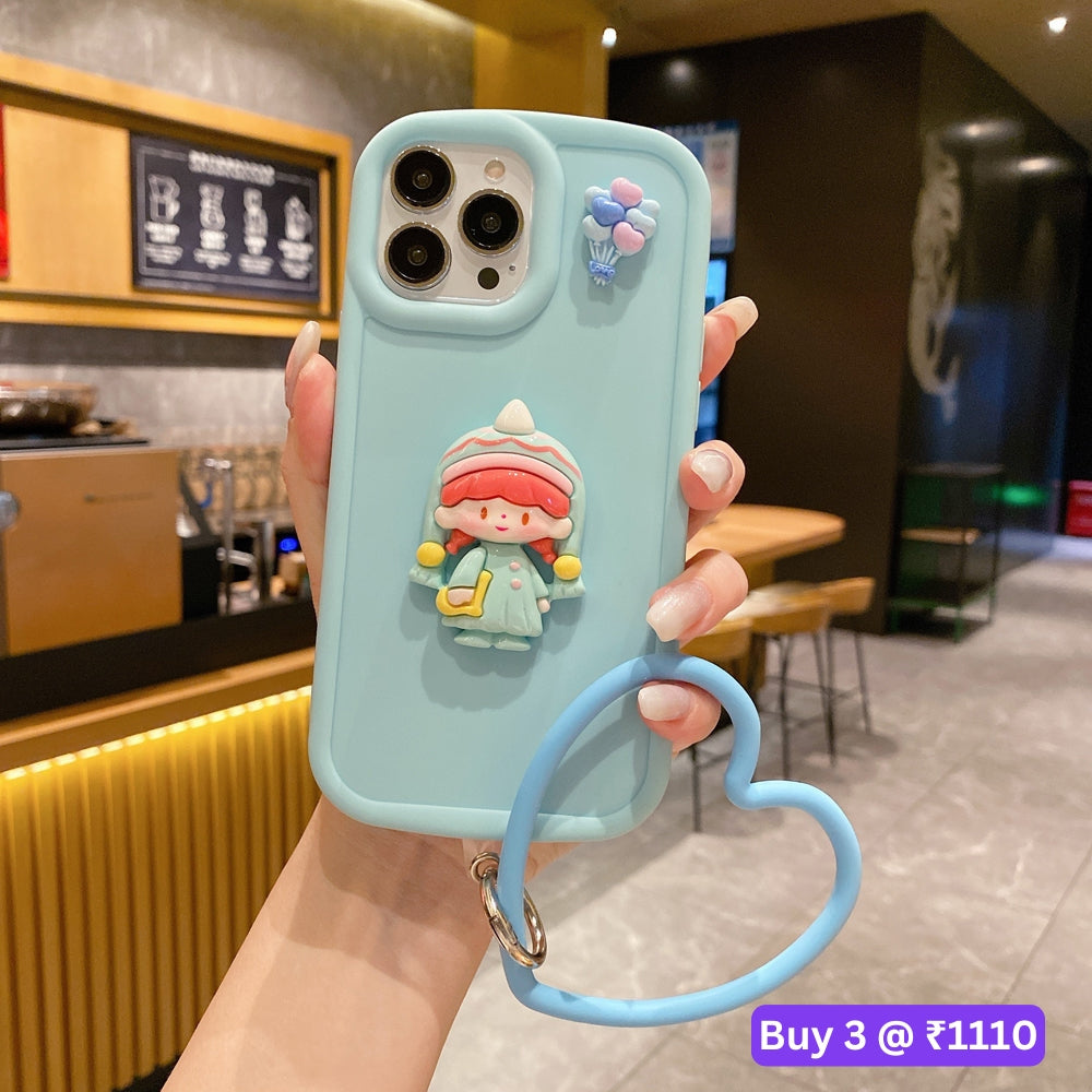 Cute Girl Cartoon 3D Princess Colored TPU (Soft) Phone Case with Heart Shape Bracelet - iPhone 14 Pro Max