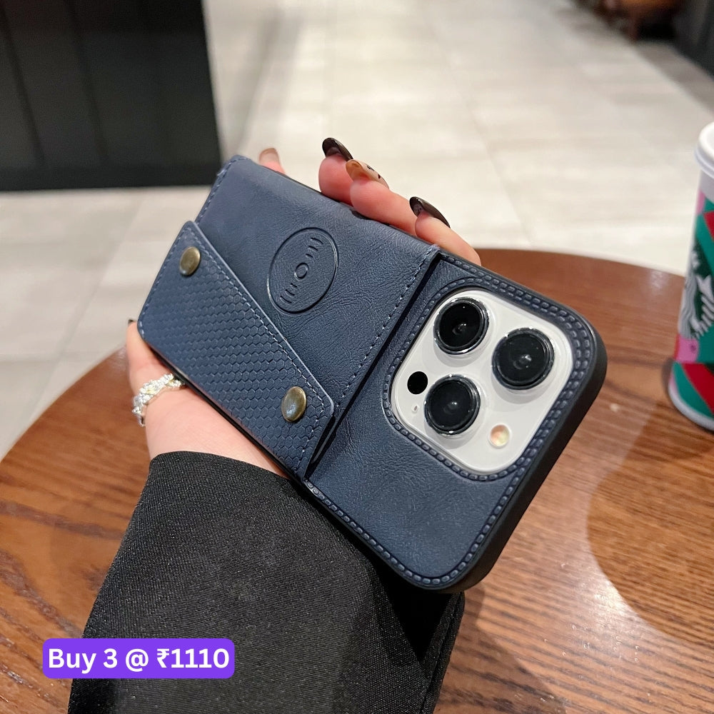 Double Buckle Magnetic Button Closer PU Leather Phone Case - iPhone 15 Pro Max