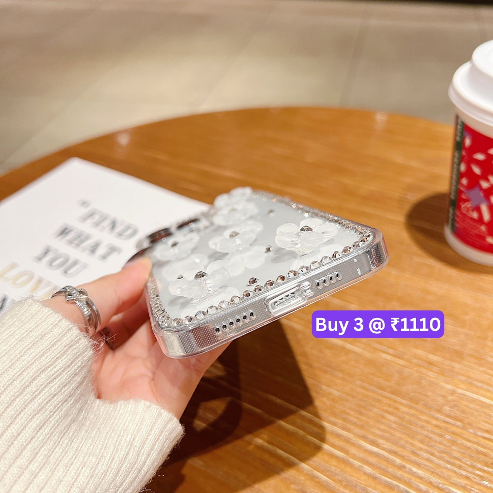 Five Leaf 3D Flower Diamond Border Transparent PC (Hard) | TPU (Soft) Phone Case - iPhone 15 Pro