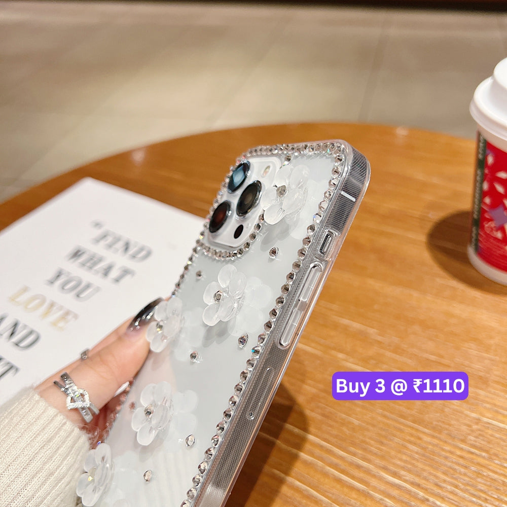 Five Leaf 3D Flower Diamond Border Transparent PC (Hard) | TPU (Soft) Phone Case - iPhone 15 Pro