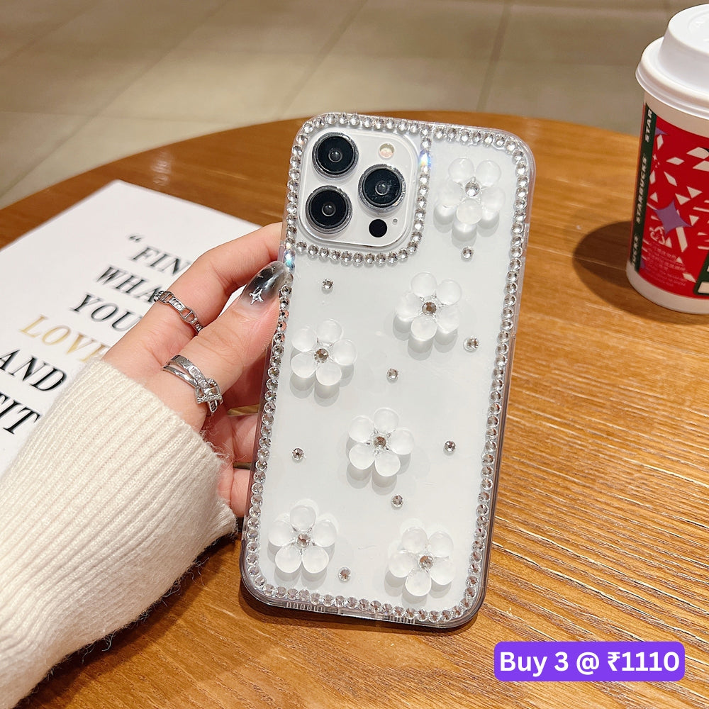 Five Leaf 3D Flower Diamond Border Transparent PC (Hard) | TPU (Soft) Phone Case - iPhone 15 Pro