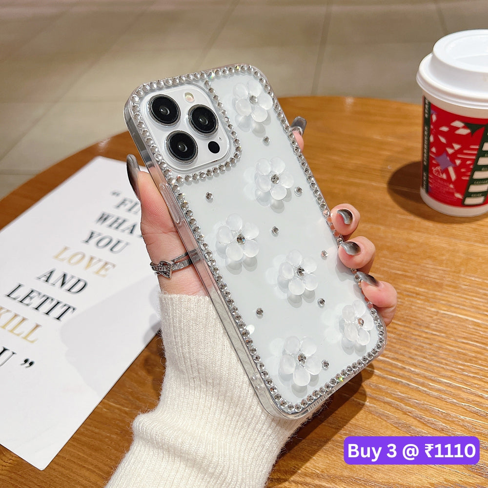 Five Leaf 3D Flower Diamond Border Transparent PC (Hard) | TPU (Soft) Phone Case - iPhone 15 Pro