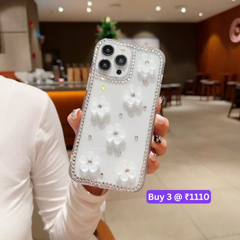 Five Leaf 3D Flower Diamond Border Transparent PC (Hard) | TPU (Soft) Phone Case - iPhone 15 Pro