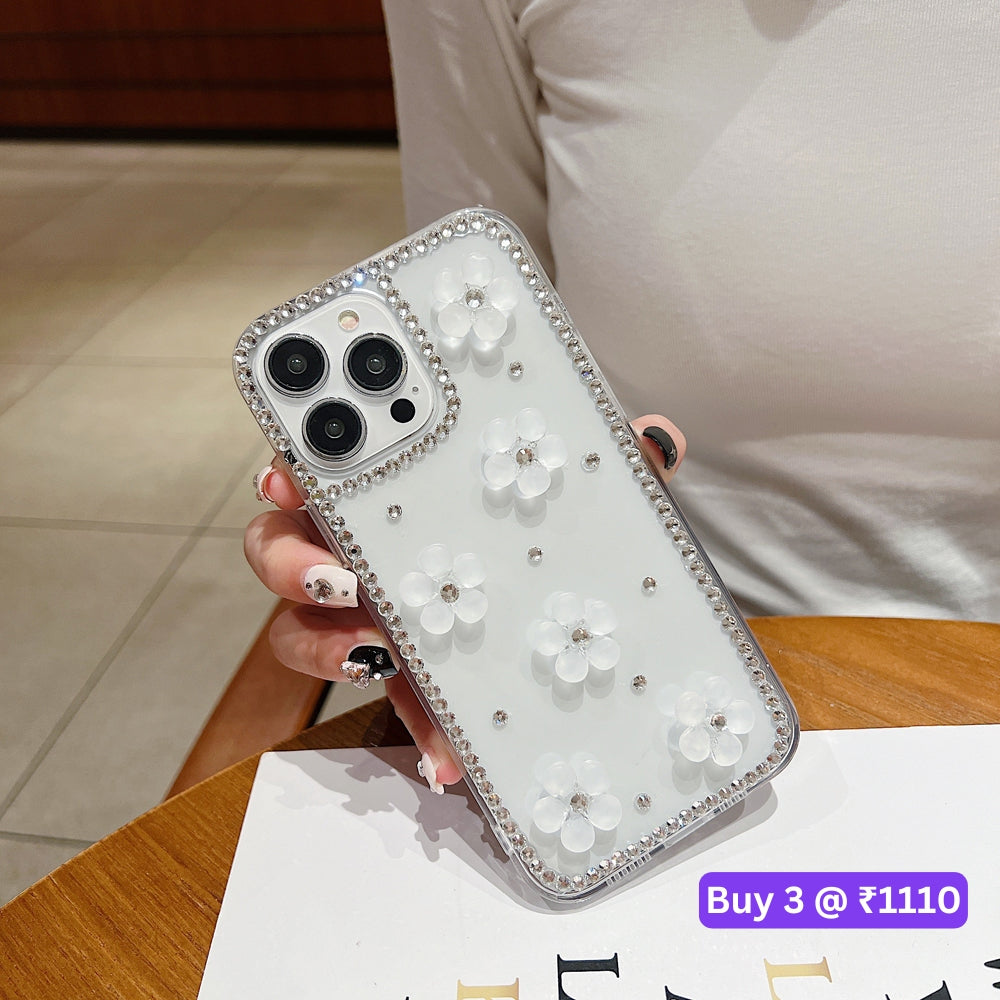 Five Leaf 3D Flower Diamond Border Transparent PC (Hard) | TPU (Soft) Phone Case - iPhone 15 Pro