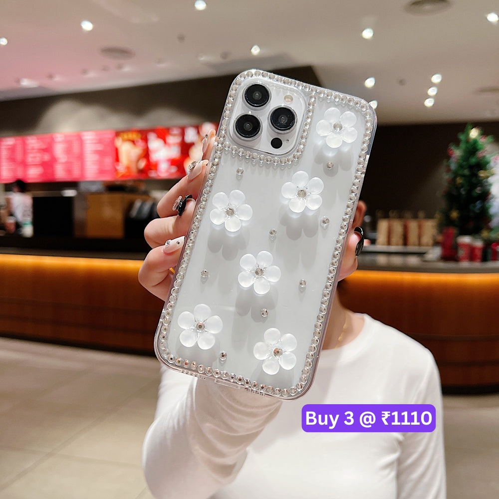 Five Leaf 3D Flower Diamond Border Transparent PC (Hard) | TPU (Soft) Phone Case - iPhone 15 Pro