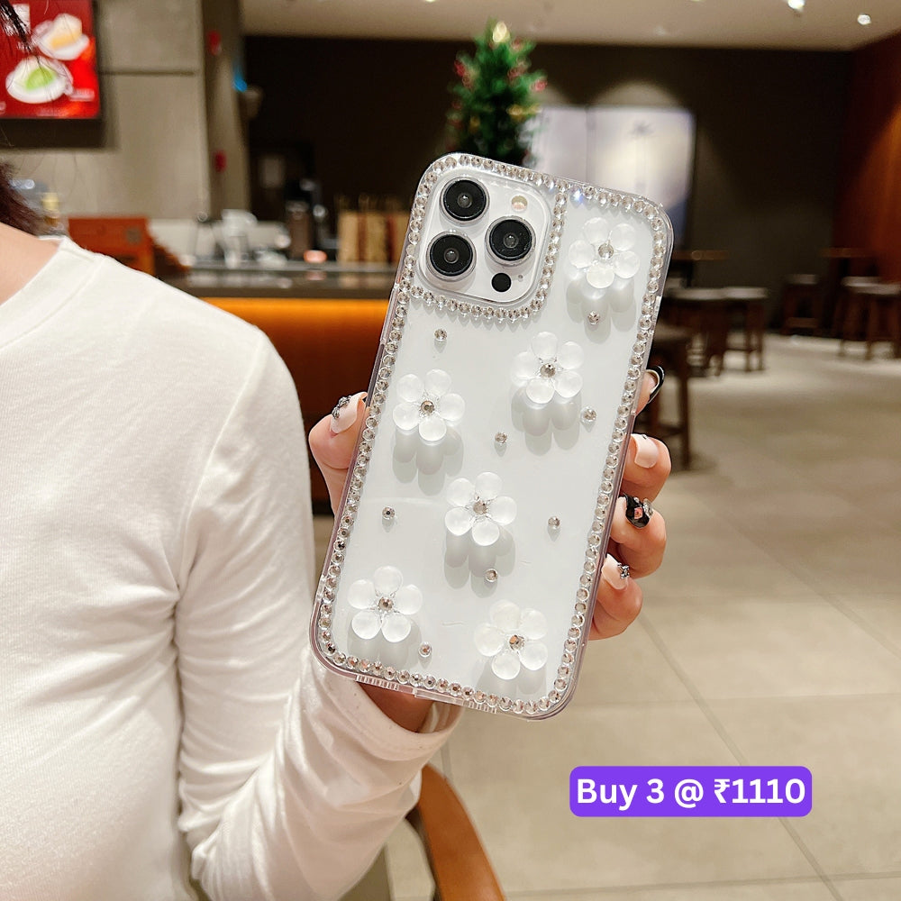 Five Leaf 3D Flower Diamond Border Transparent PC (Hard) | TPU (Soft) Phone Case - iPhone 15 Pro