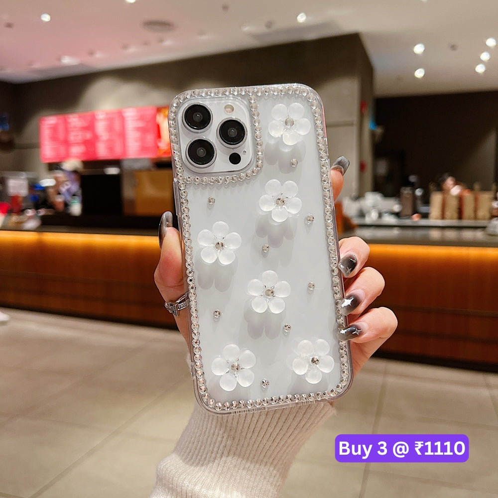 Five Leaf 3D Flower Diamond Border Transparent PC (Hard) | TPU (Soft) Phone Case - iPhone 15 Pro