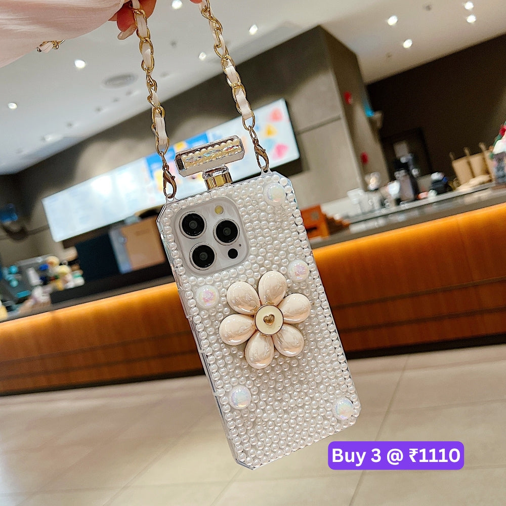 Flower Pearly Perfume Bottle Handmade Soft Phone Case - iPhone 15 Pro