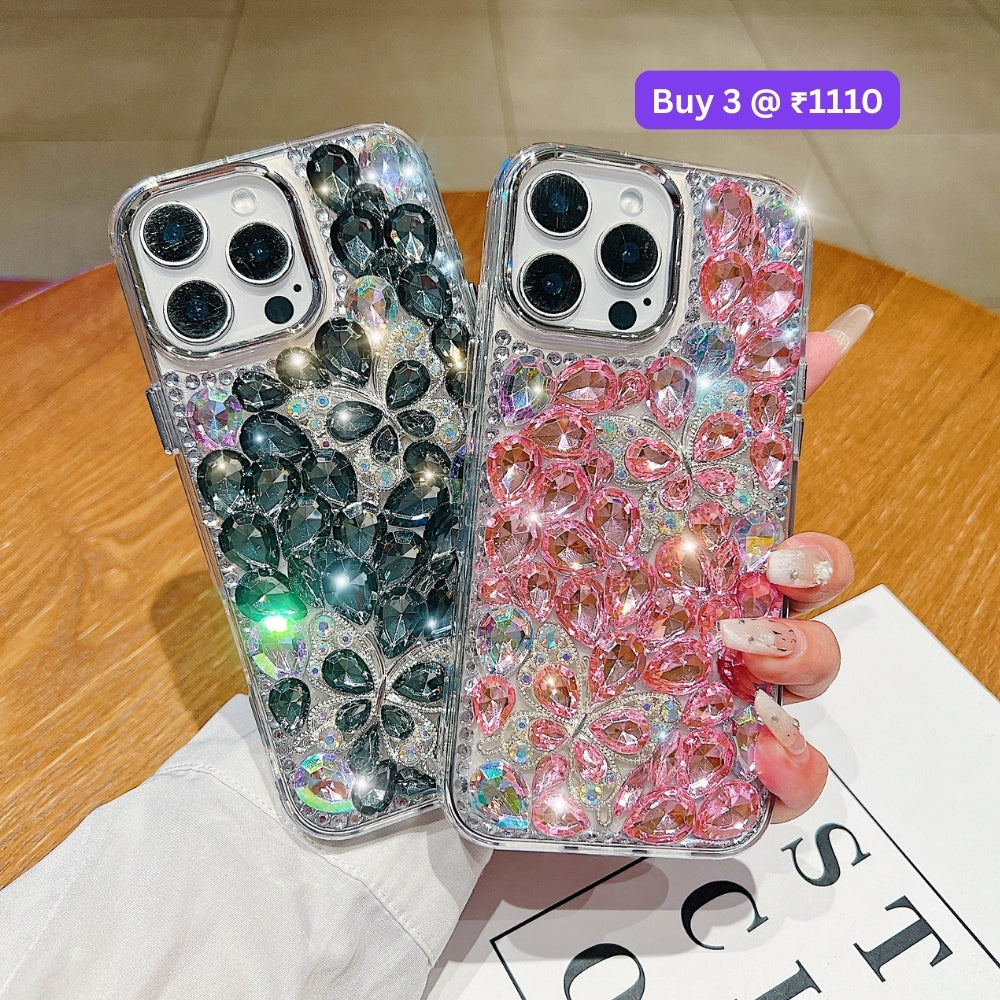 Full Covered Diamond and Butterfly Charm TPU (Soft) Phone Case | Mobile Cover - iPhone 14 Pro