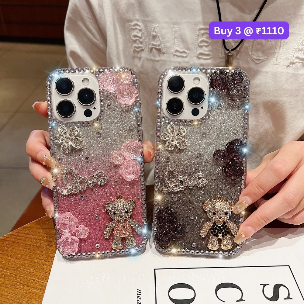 Glitter Paper Diamond Flower Love Bear Transparent TPU (Soft) Phone Case | Mobile Cover - iPhone 16 Plus
