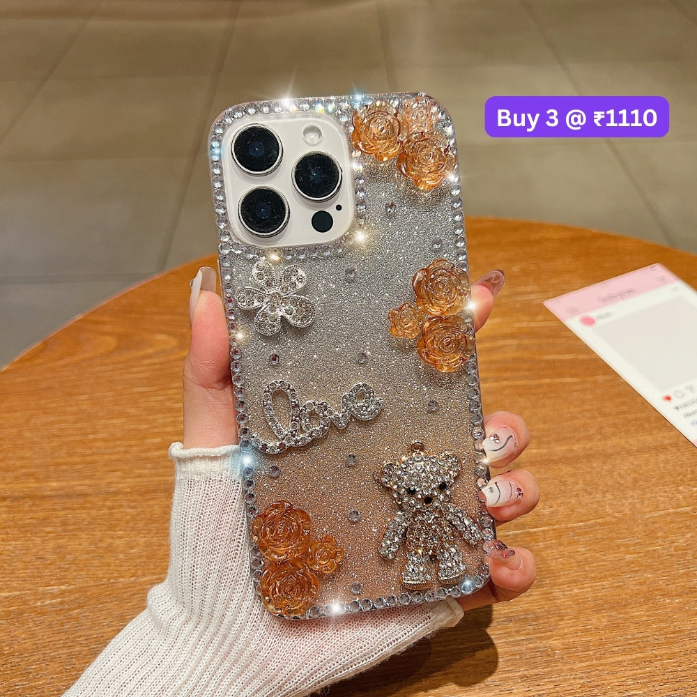Glitter Paper Diamond Flower Love Bear Transparent TPU (Soft) Phone Case | Mobile Cover - iPhone 16 Plus