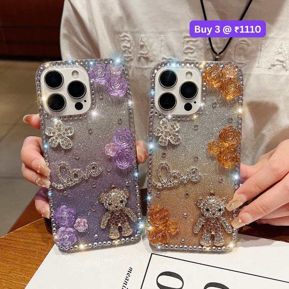 Glitter Paper Diamond Flower Love Bear Transparent TPU (Soft) Phone Case | Mobile Cover - iPhone 16 Plus