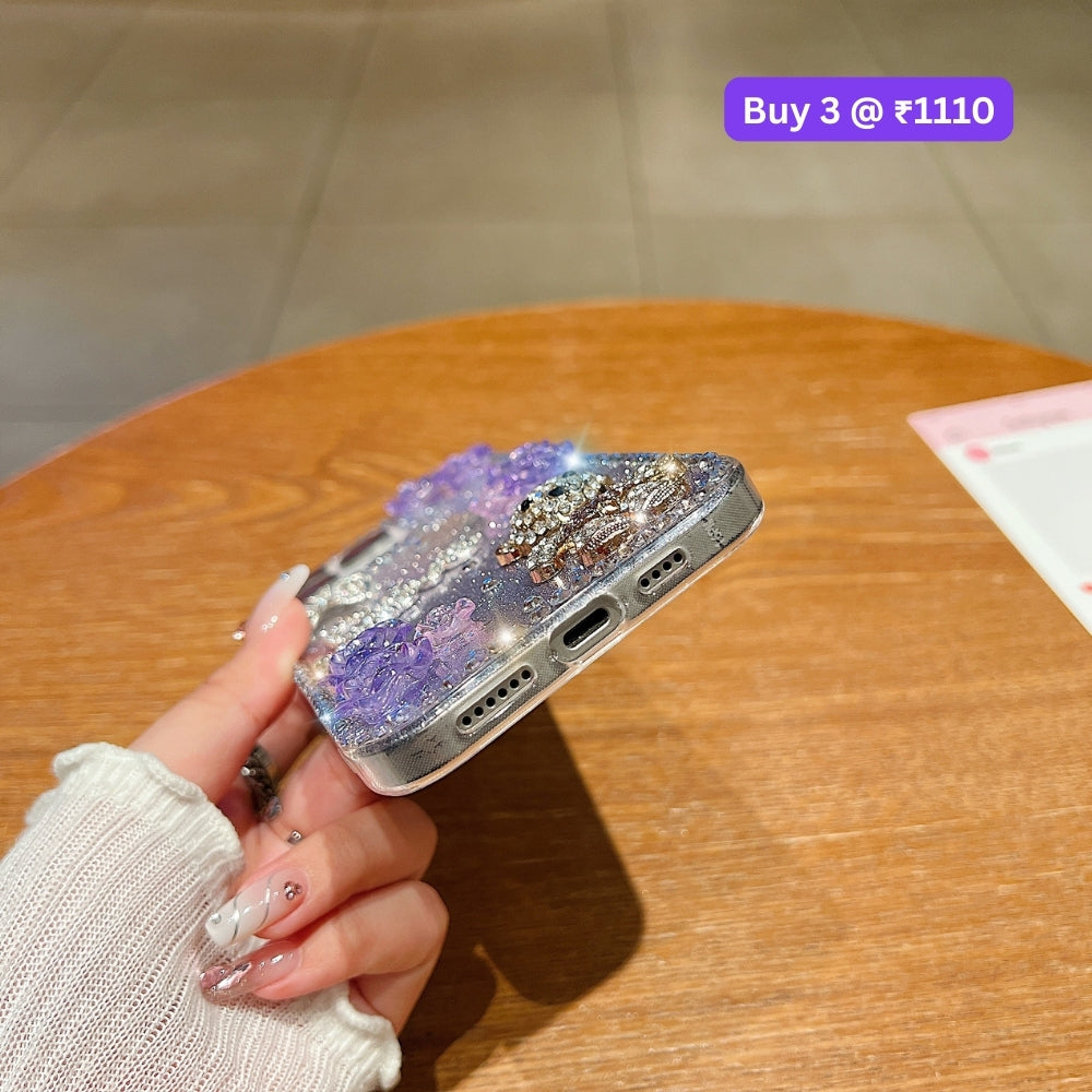 Glitter Paper Diamond Flower Love Bear Transparent TPU (Soft) Phone Case | Mobile Cover - iPhone 16 Plus