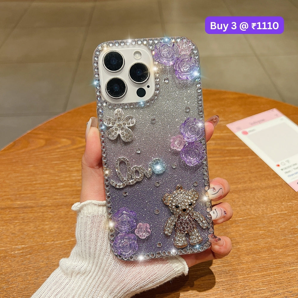 Glitter Paper Diamond Flower Love Bear Transparent TPU (Soft) Phone Case | Mobile Cover - iPhone 16 Plus
