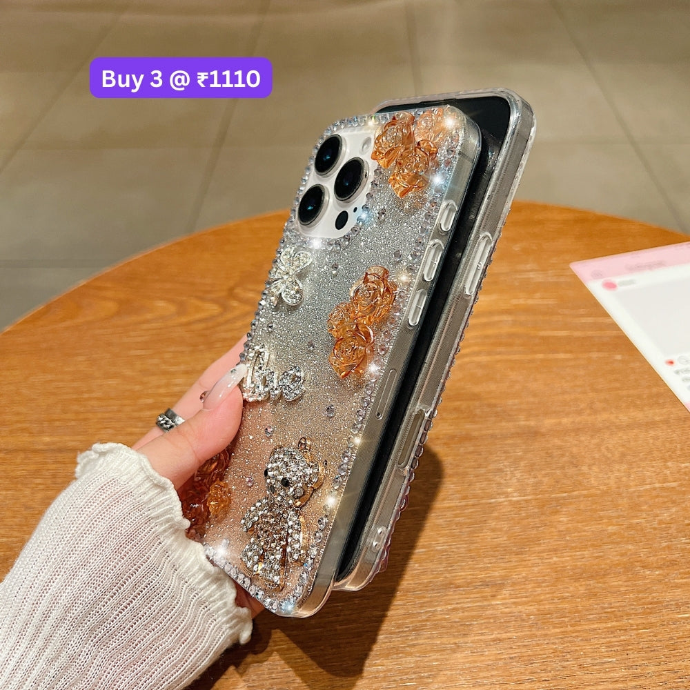 Glitter Paper Diamond Flower Love Bear Transparent TPU (Soft) Phone Case | Mobile Cover - iPhone 16 Plus