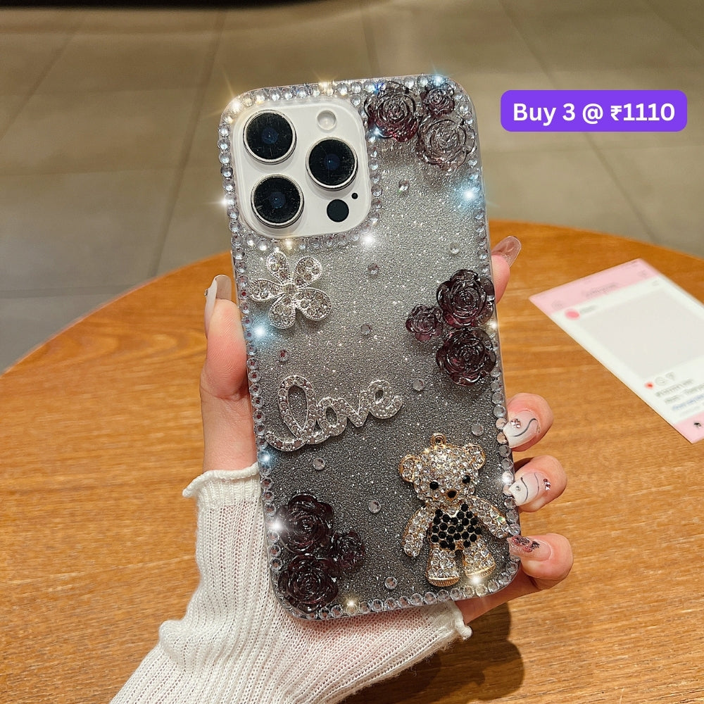 Glitter Paper Diamond Flower Love Bear Transparent TPU (Soft) Phone Case | Mobile Cover - iPhone 16 Plus