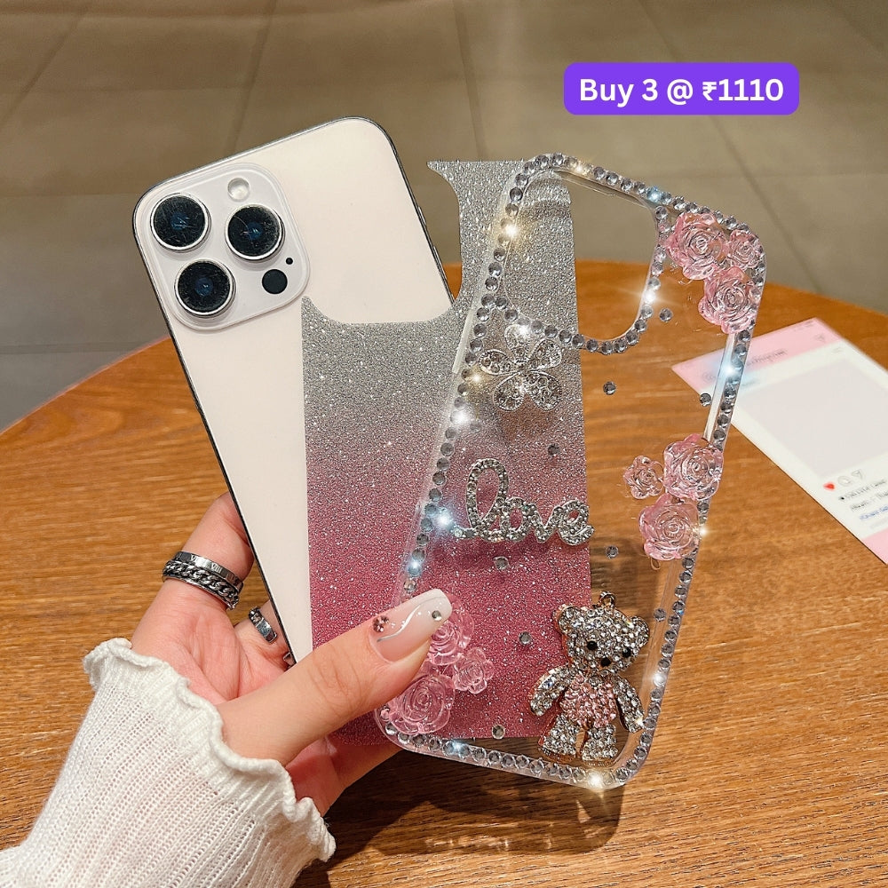Glitter Paper Diamond Flower Love Bear Transparent TPU (Soft) Phone Case | Mobile Cover - iPhone 16 Plus