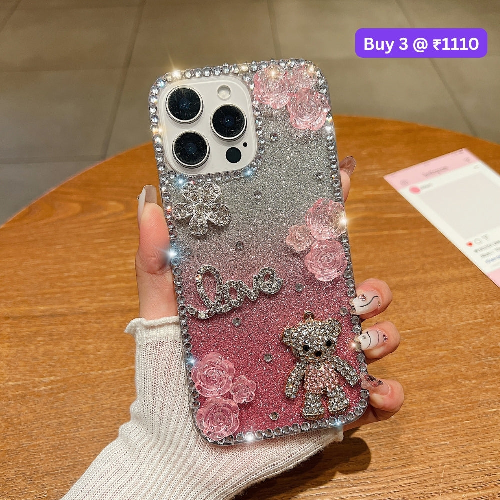 Glitter Paper Diamond Flower Love Bear Transparent TPU (Soft) Phone Case | Mobile Cover - iPhone 16 Plus