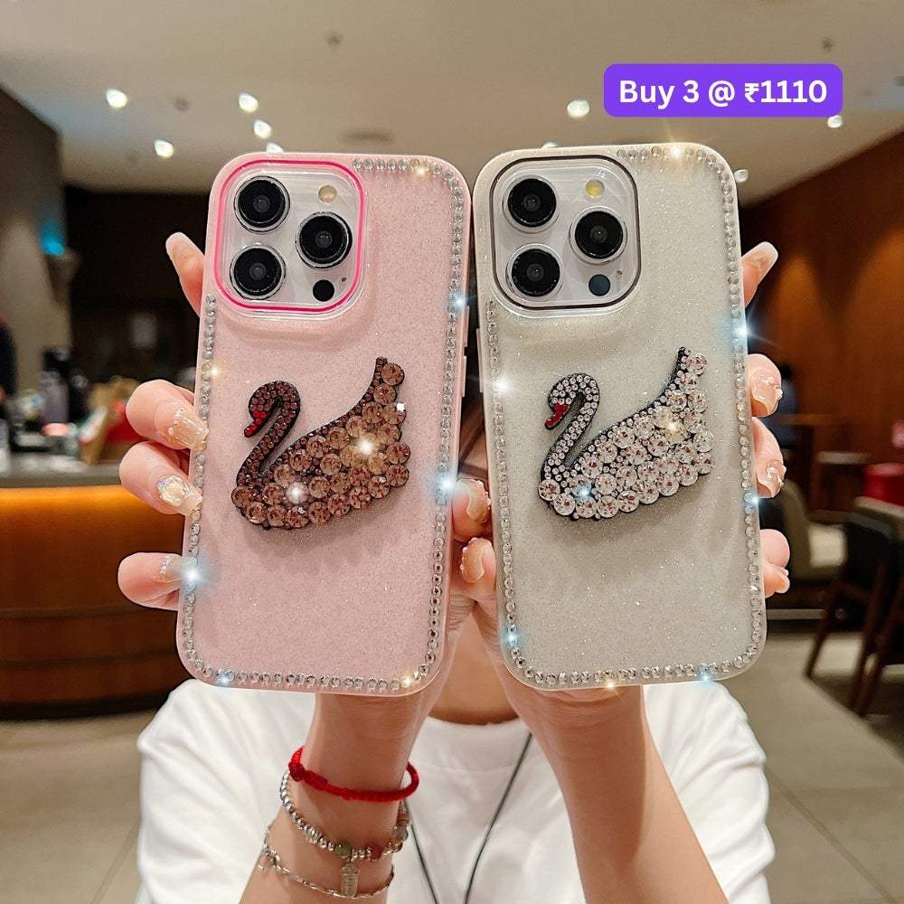 Glittery Diamond Swan PC (Hard) and TPU (Soft) Phone | Mobile Cover - iPhone 16 Plus