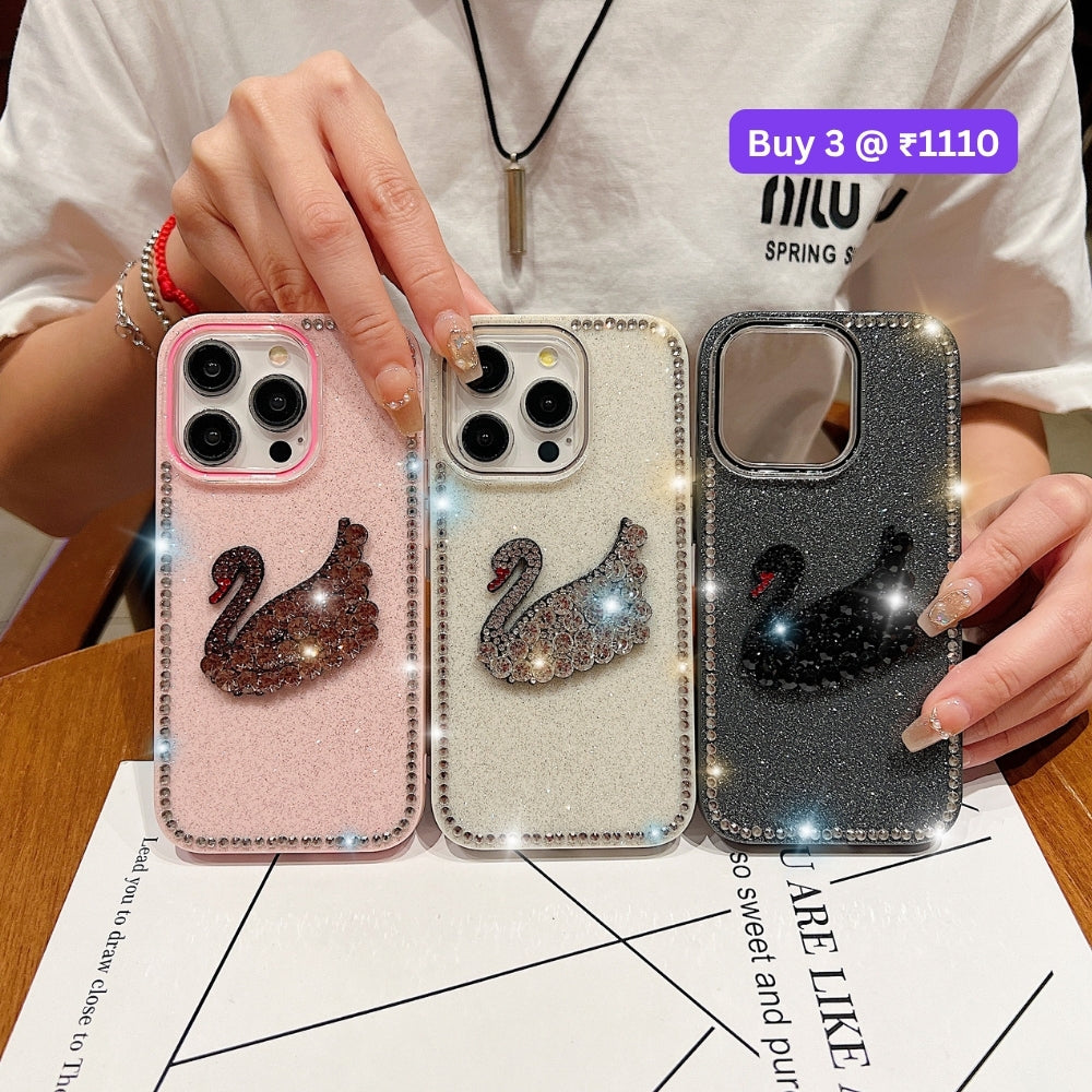 Glittery Diamond Swan PC (Hard) and TPU (Soft) Phone | Mobile Cover - iPhone 16 Plus