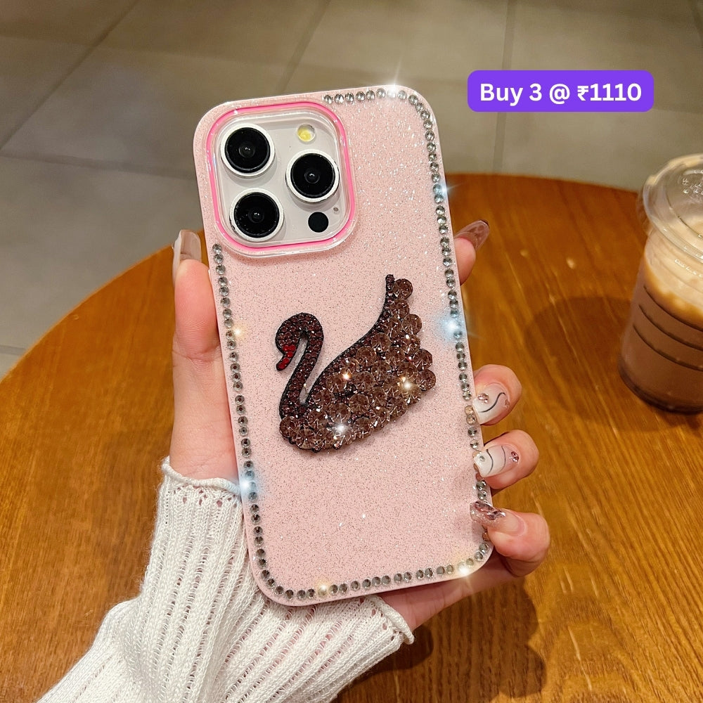 Glittery Diamond Swan PC (Hard) and TPU (Soft) Phone | Mobile Cover - iPhone 16 Plus