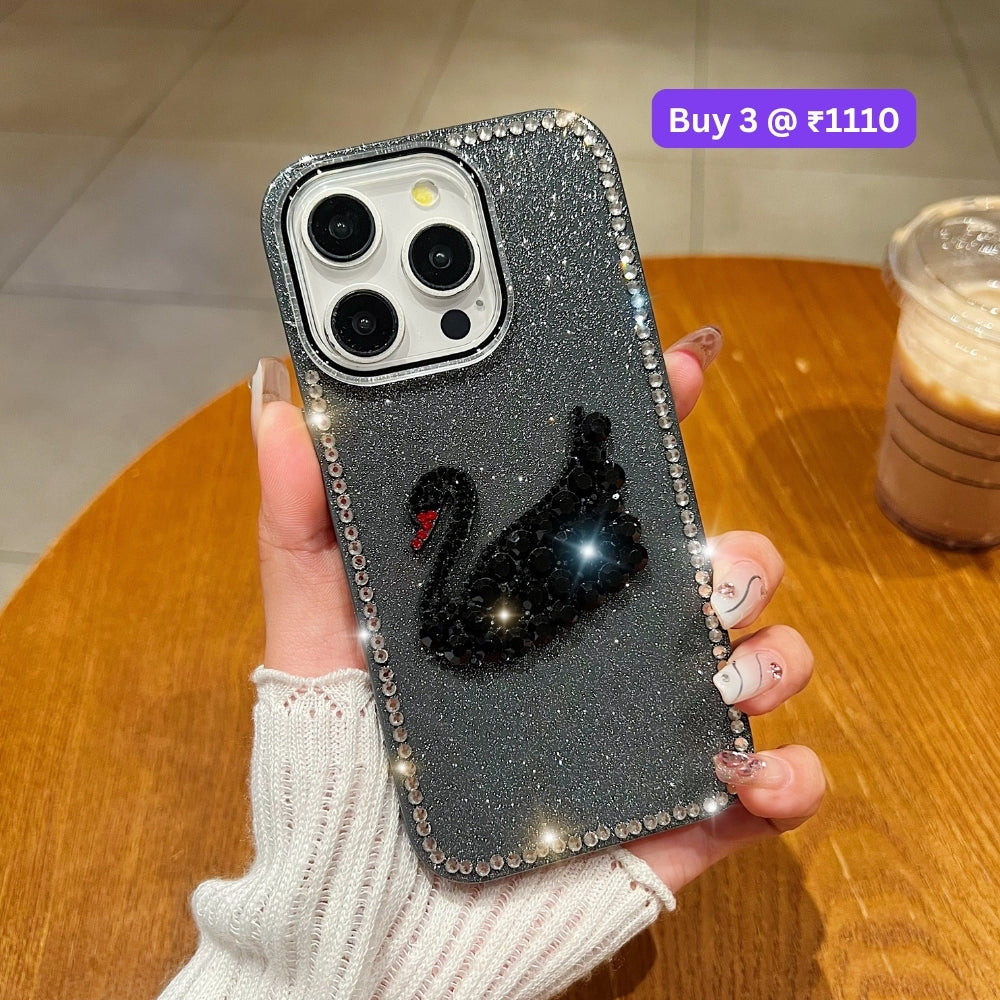 Glittery Diamond Swan PC (Hard) and TPU (Soft) Phone | Mobile Cover - iPhone 14 Plus