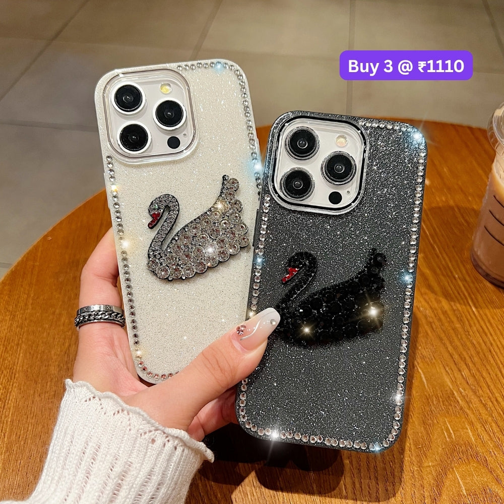 Glittery Diamond Swan PC (Hard) and TPU (Soft) Phone | Mobile Cover - iPhone 16 Plus