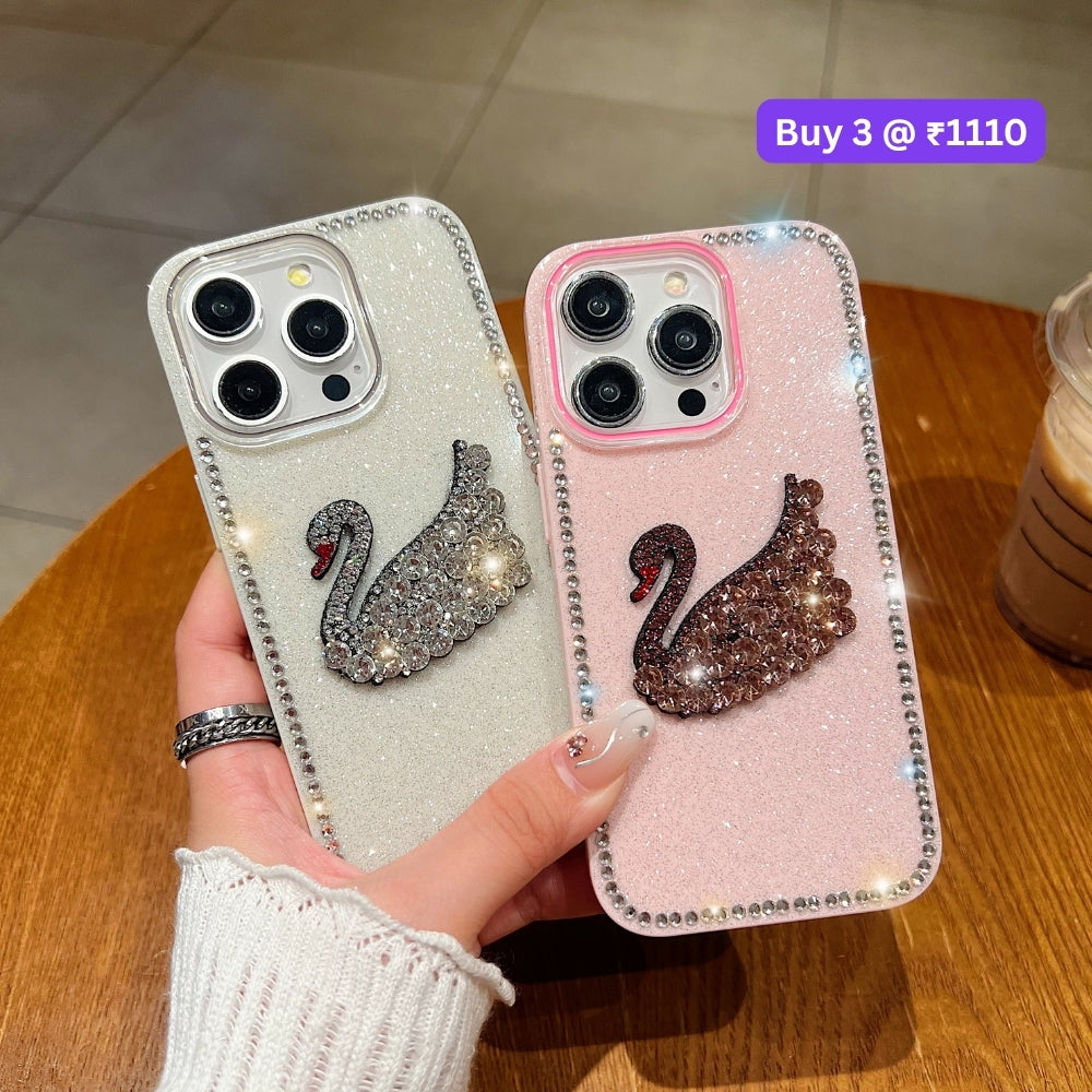 Glittery Diamond Swan PC (Hard) and TPU (Soft) Phone | Mobile Cover - iPhone 15 Plus