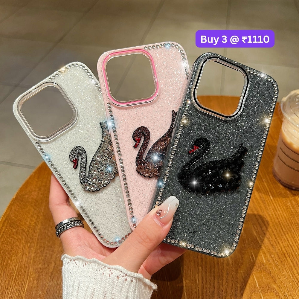 Glittery Diamond Swan PC (Hard) and TPU (Soft) Phone | Mobile Cover - iPhone 14 Pro