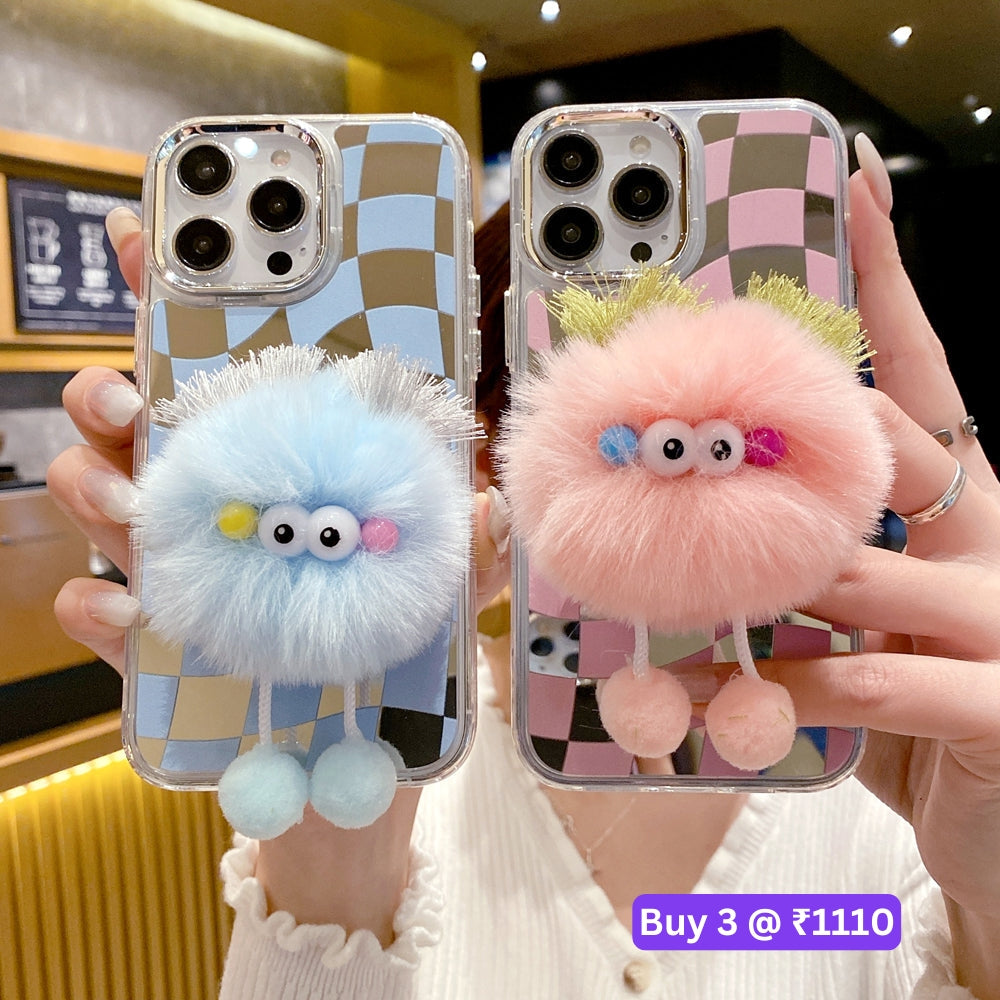Graphic Mirror Fluffy Pom Pom Ball Stand TPU (Soft) Phone Case - iPhone 12