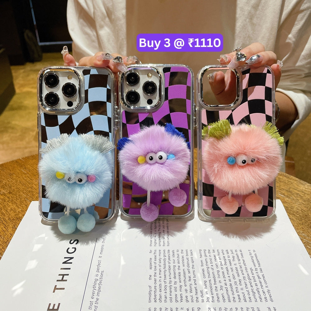 Graphic Mirror Fluffy Pom Pom Ball Stand TPU (Soft) Phone Case - iPhone 12