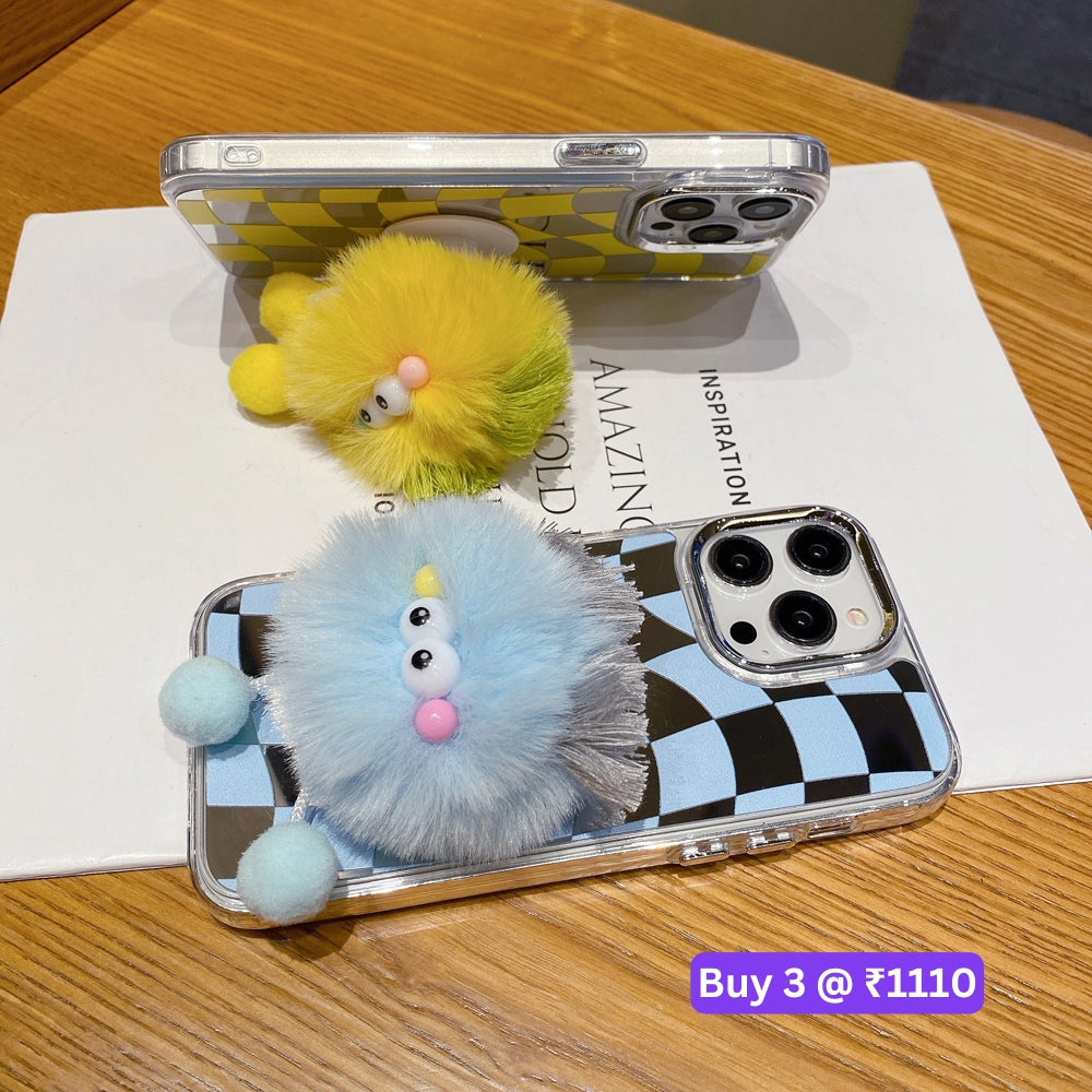 Graphic Mirror Fluffy Pom Pom Ball Stand TPU (Soft) Phone Case - iPhone 12