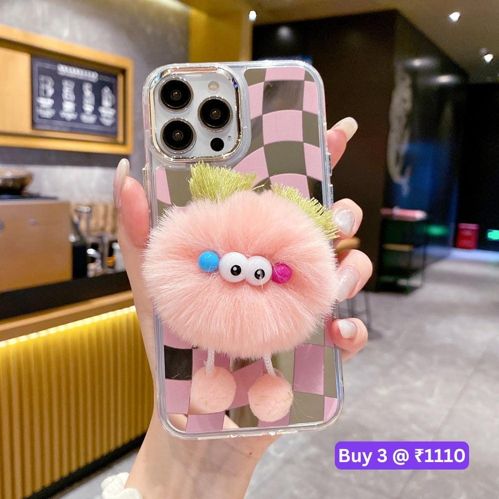 Graphic Mirror Fluffy Pom Pom Ball Stand TPU (Soft) Phone Case - iPhone 12