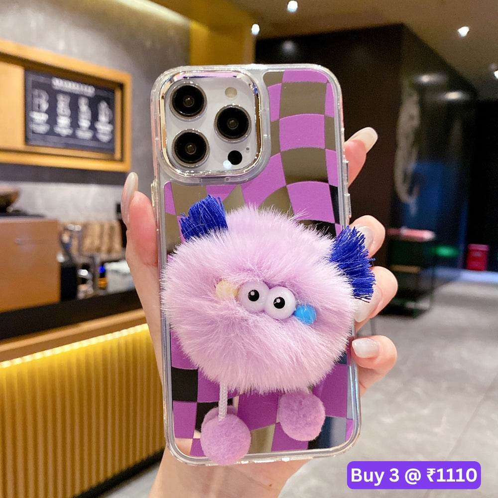 Graphic Mirror Fluffy Pom Pom Ball Stand TPU (Soft) Phone Case - iPhone 12