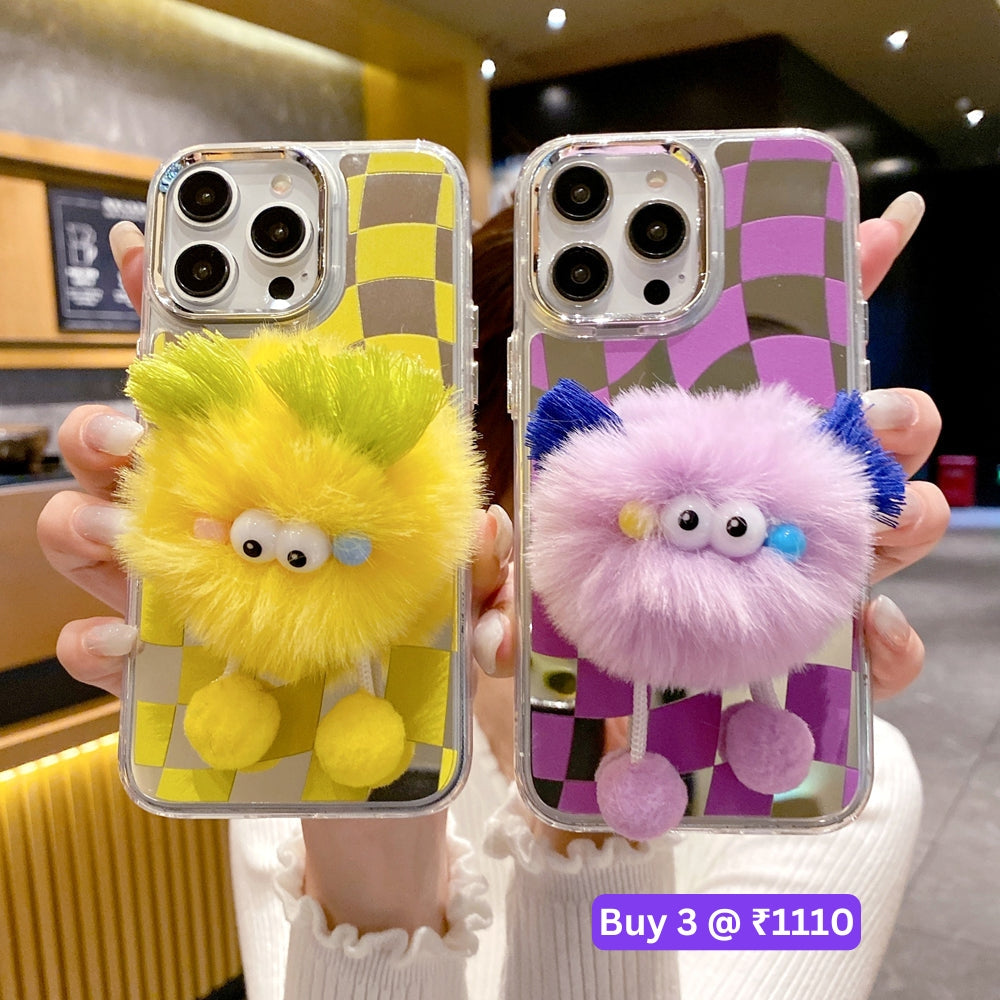 Graphic Mirror Fluffy Pom Pom Ball Stand TPU (Soft) Phone Case - iPhone 12