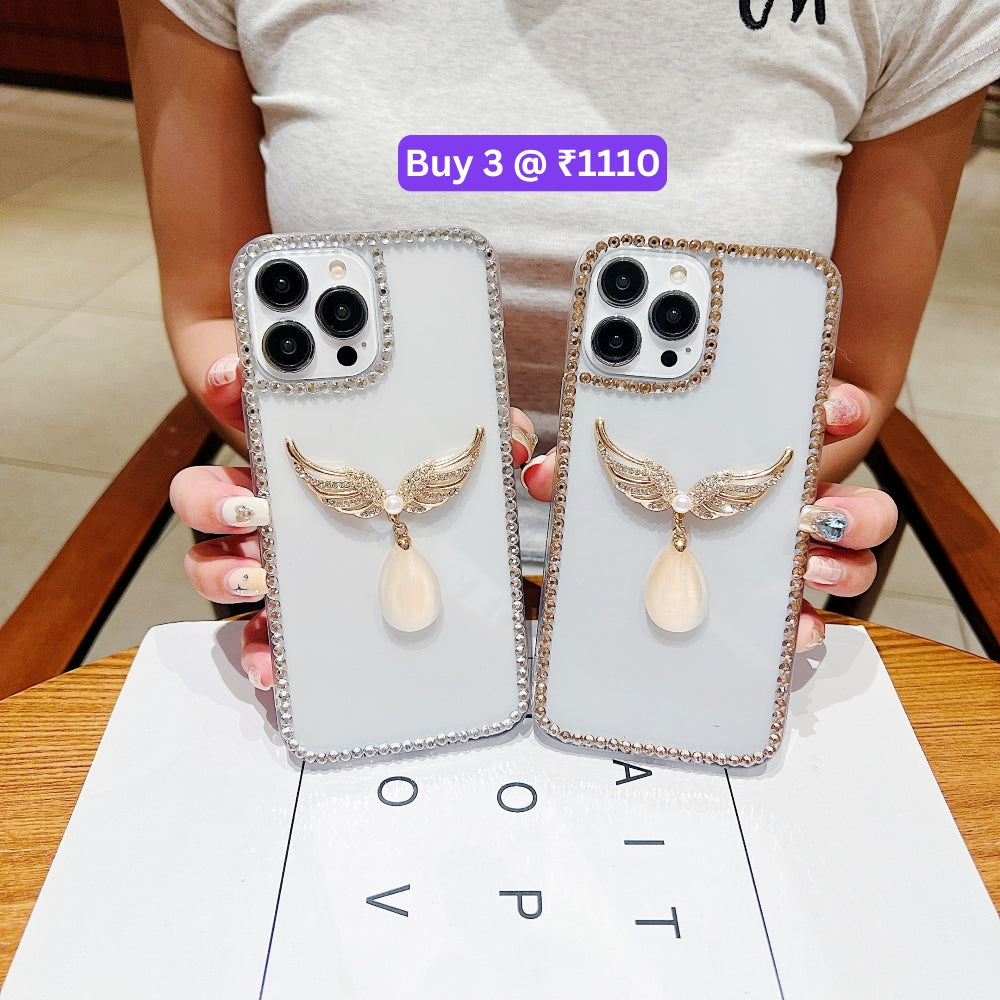 Handmade Angel Wing Diamond Border Transparent TPU(Soft) Case - iPhone 13 Pro