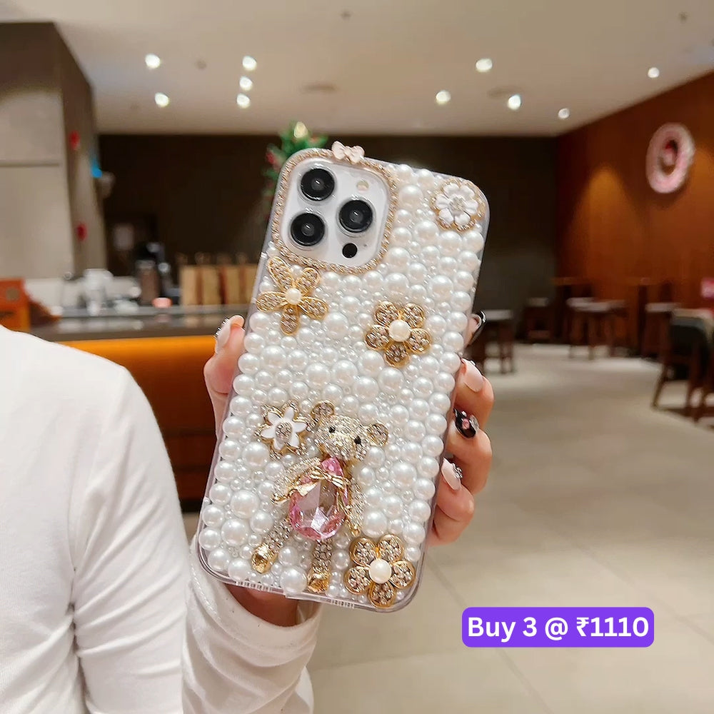 Handmade Decorative Pearl and Diamond Bear Phone Case - iPhone 16