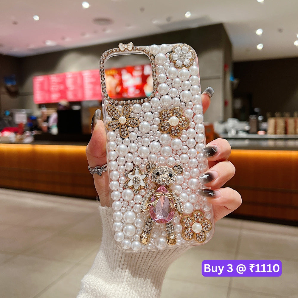 Handmade Decorative Pearl and Diamond Bear Phone Case - iPhone 16