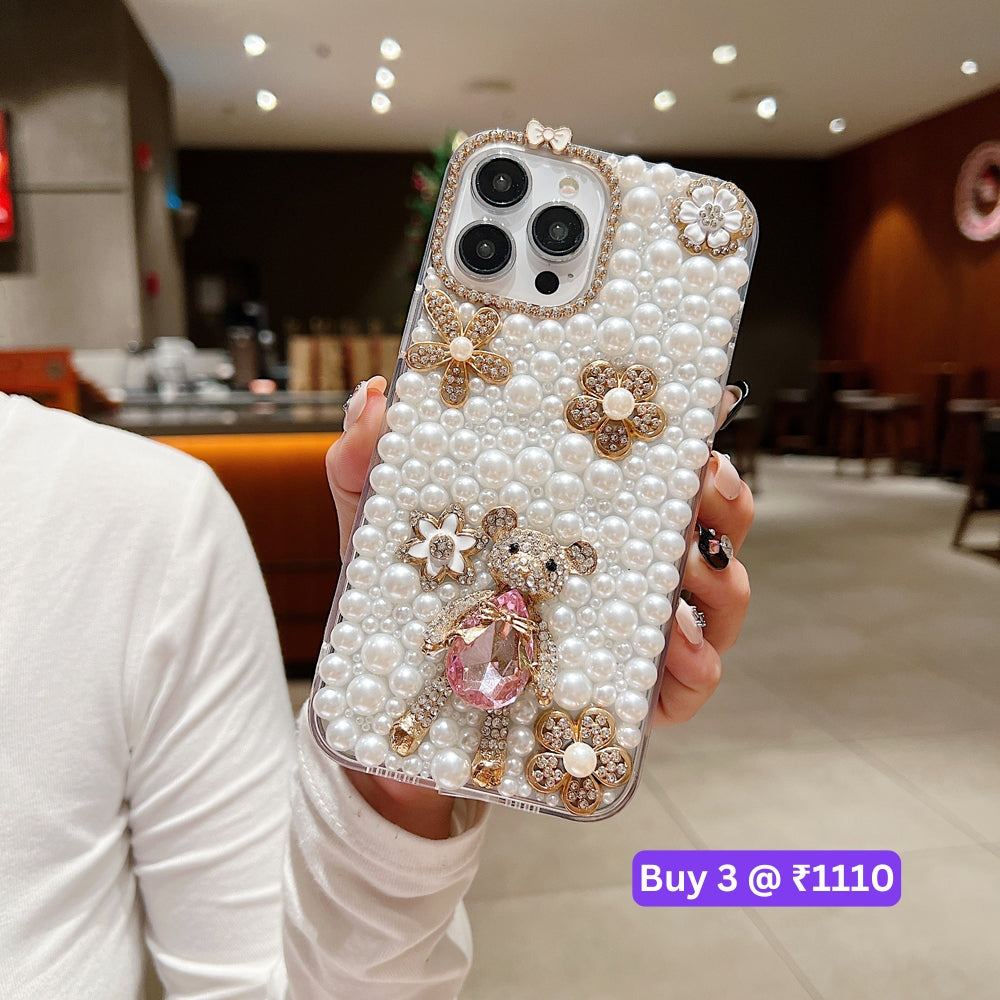 Handmade Decorative Pearl and Diamond Bear Phone Case - iPhone 16