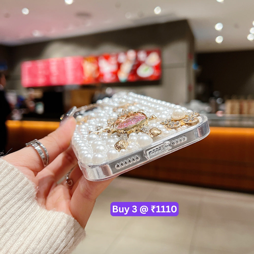 Handmade Decorative Pearl and Diamond Bear Phone Case - iPhone 16