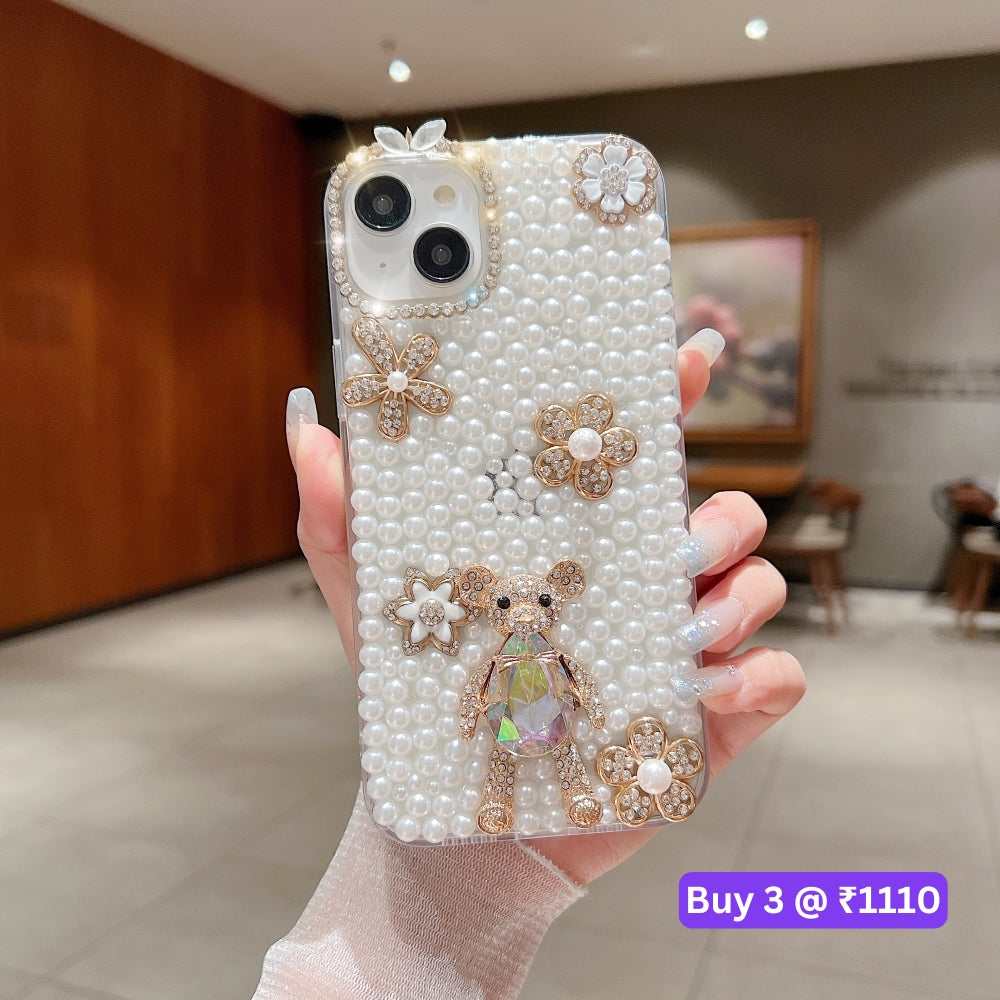 Handmade Decorative Pearl and Diamond Bear Phone Case - iPhone 16