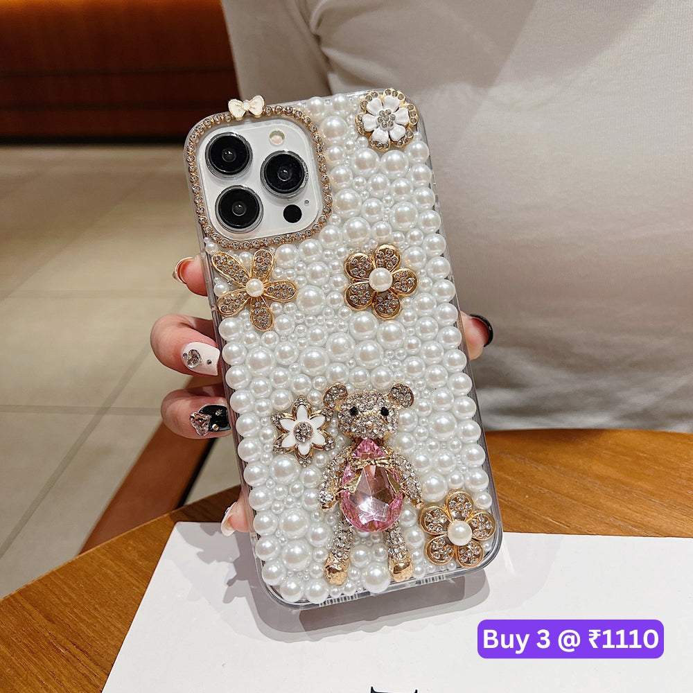 Handmade Decorative Pearl and Diamond Bear Phone Case - iPhone 16