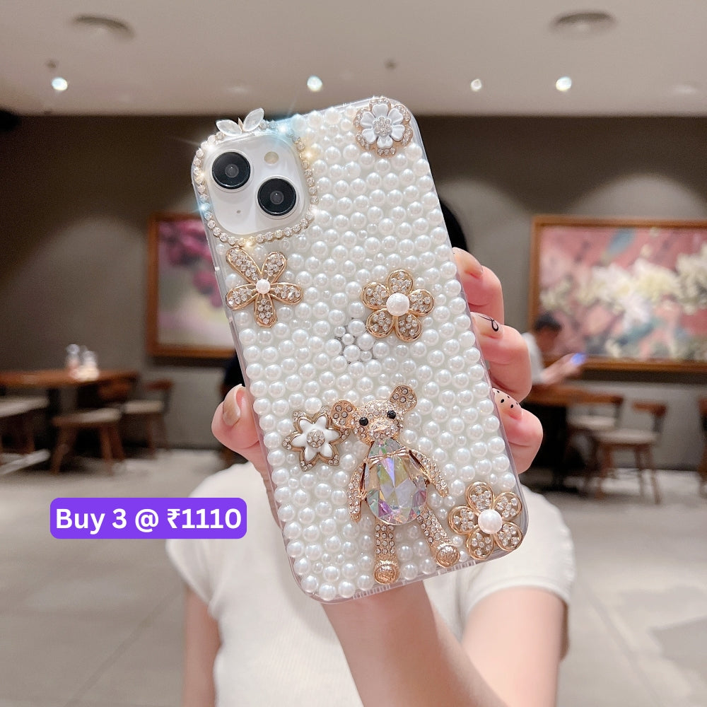 Handmade Decorative Pearl and Diamond Bear Phone Case - iPhone 16