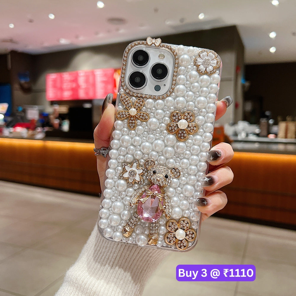 Handmade Decorative Pearl and Diamond Bear Phone Case - iPhone 16