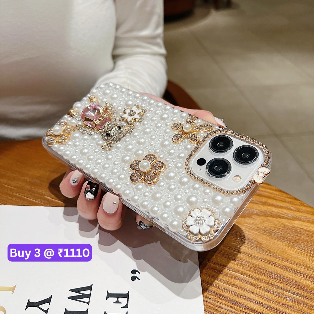 Handmade Decorative Pearl and Diamond Bear Phone Case - iPhone 16