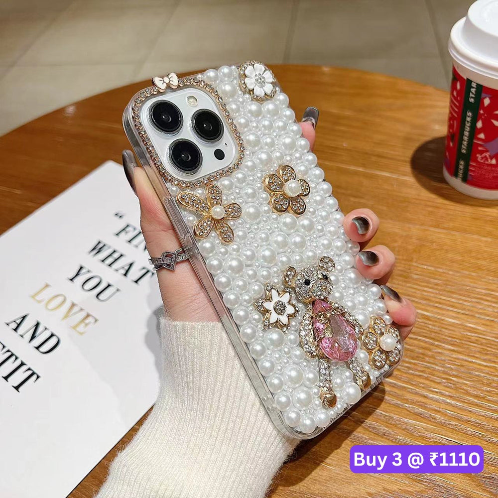 Handmade Decorative Pearl and Diamond Bear Phone Case - iPhone 16