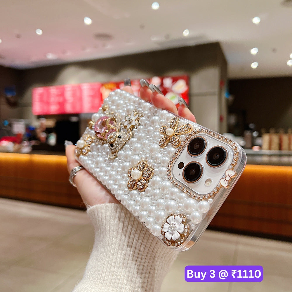 Handmade Decorative Pearl and Diamond Bear Phone Case - iPhone 16