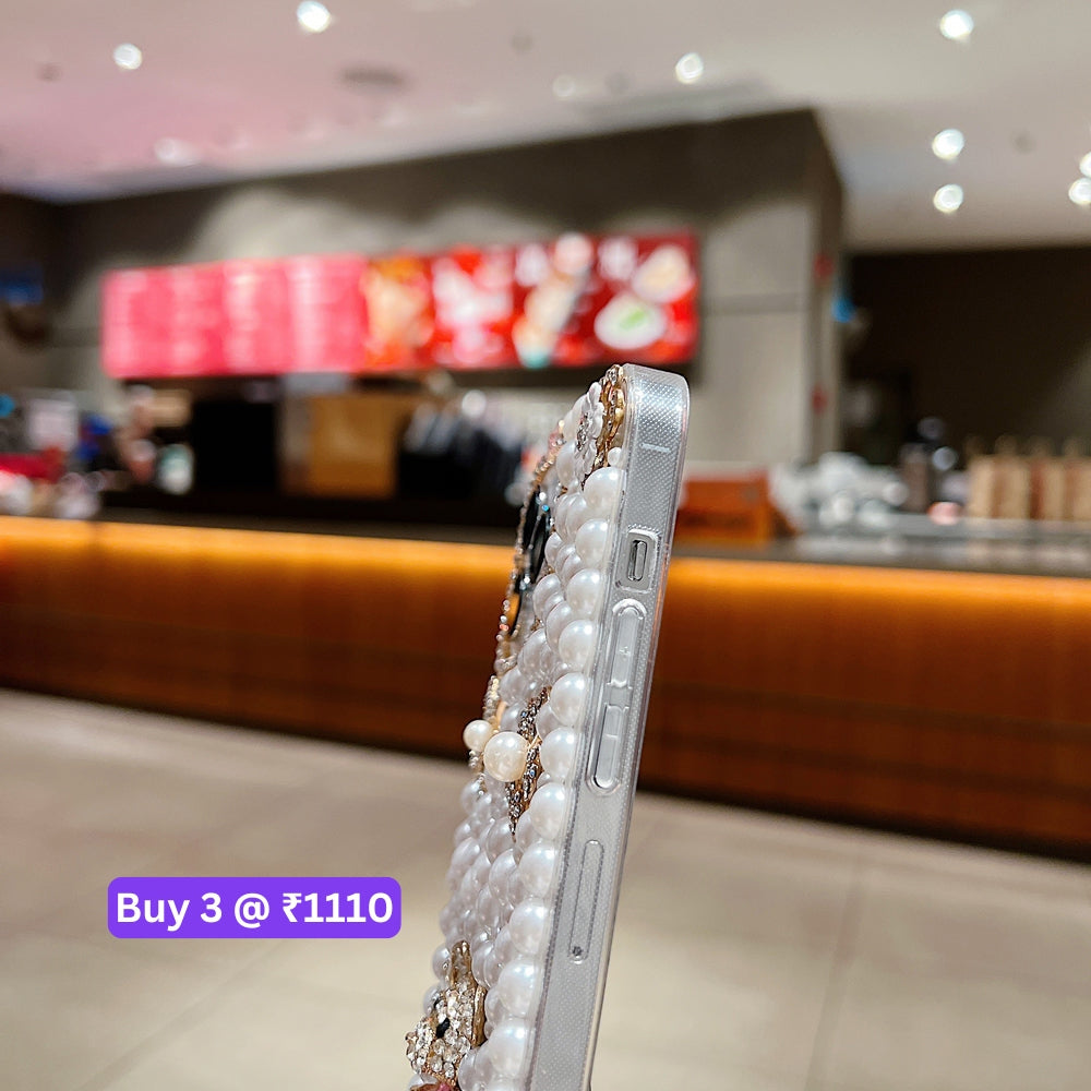 Handmade Decorative Pearl and Diamond Bear Phone Case - iPhone 16